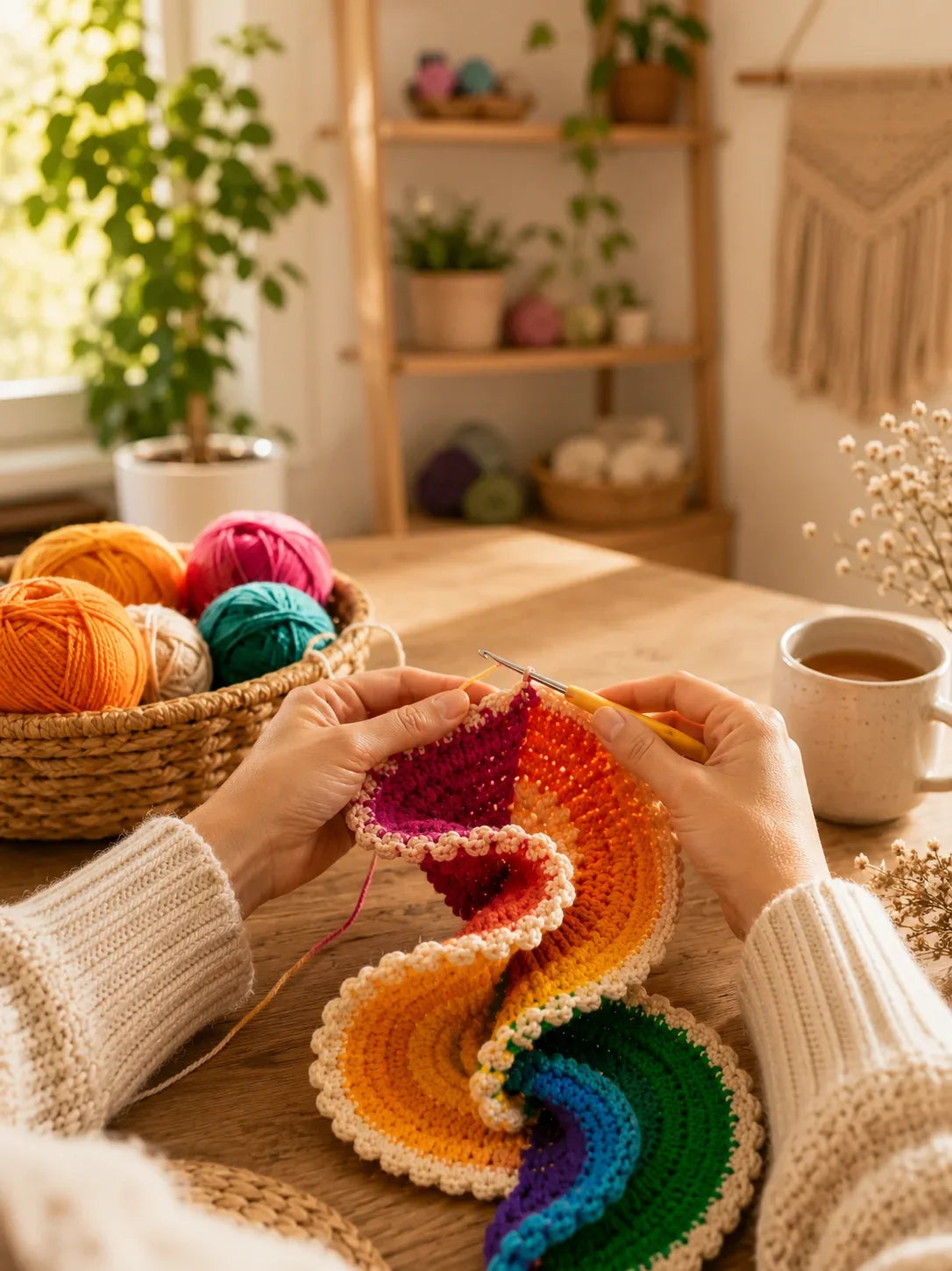 Maker crocheting a colorful handmade project at a wooden craft table