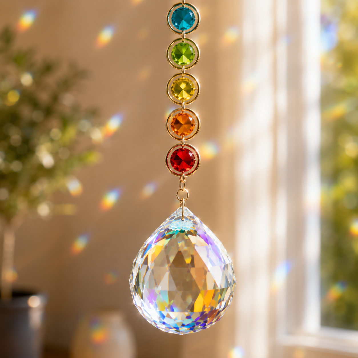 MakeEyes™ Crystal Rainbow Suncatcher – Hanging Prism Window Decor with Crystal Beads