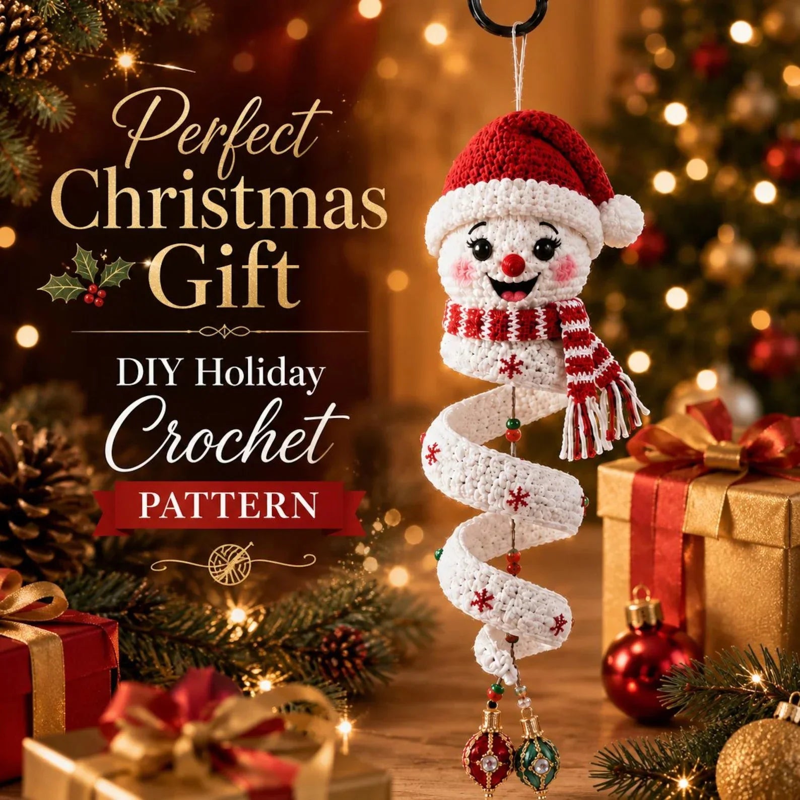 Crochet Snowman Spiral Ornament PDF Pattern – DIY Christmas Hanging Decoration Tutorial