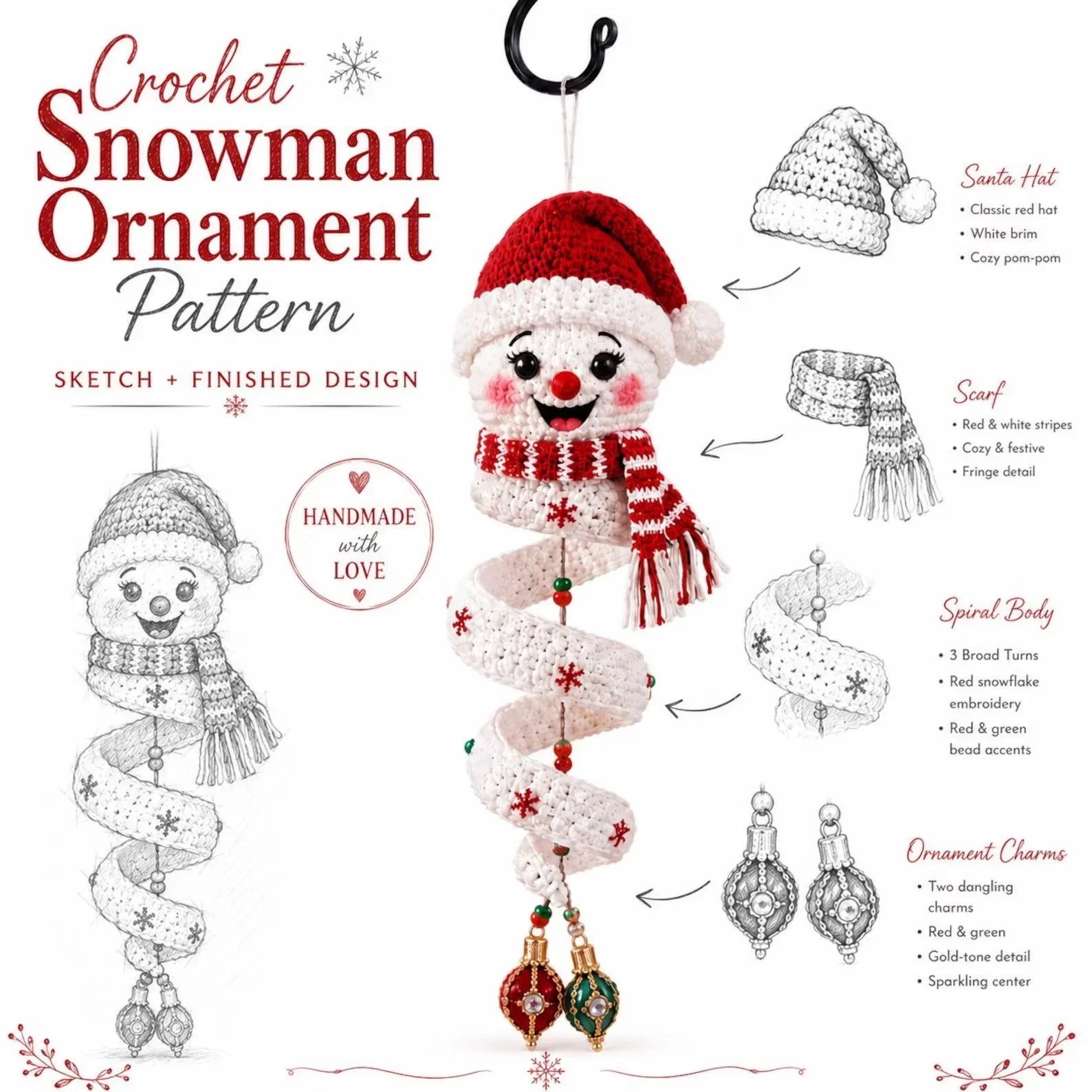 Crochet Snowman Spiral Ornament PDF Pattern – DIY Christmas Hanging Decoration Tutorial