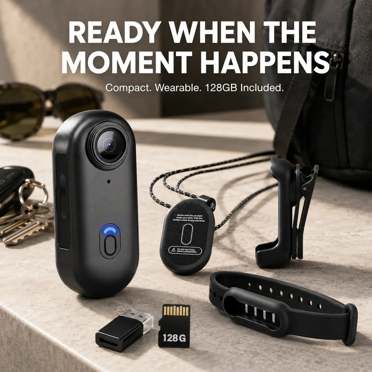 1080P Mini Wearable Action Camera with 128GB Card & Mounting Kit