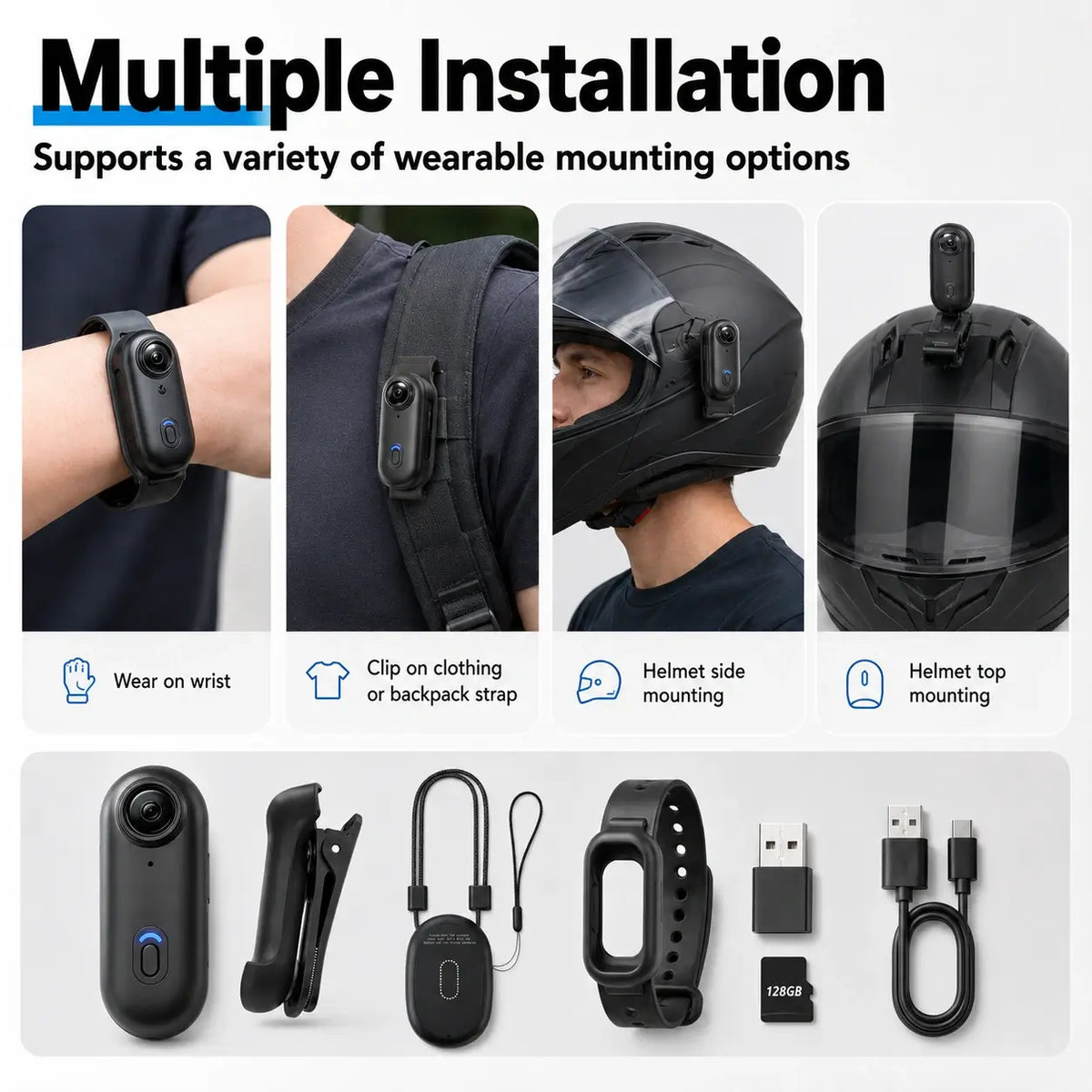 1080P Mini Wearable Action Camera with 128GB Card & Mounting Kit